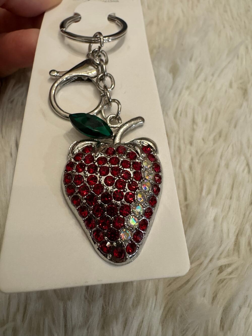 Red rhinestone strawberry keychain with green leaf silver metal